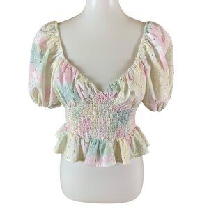 Free The Roses Smocked Eyelet Pastel Peplum Cottagecore Puff Top XS